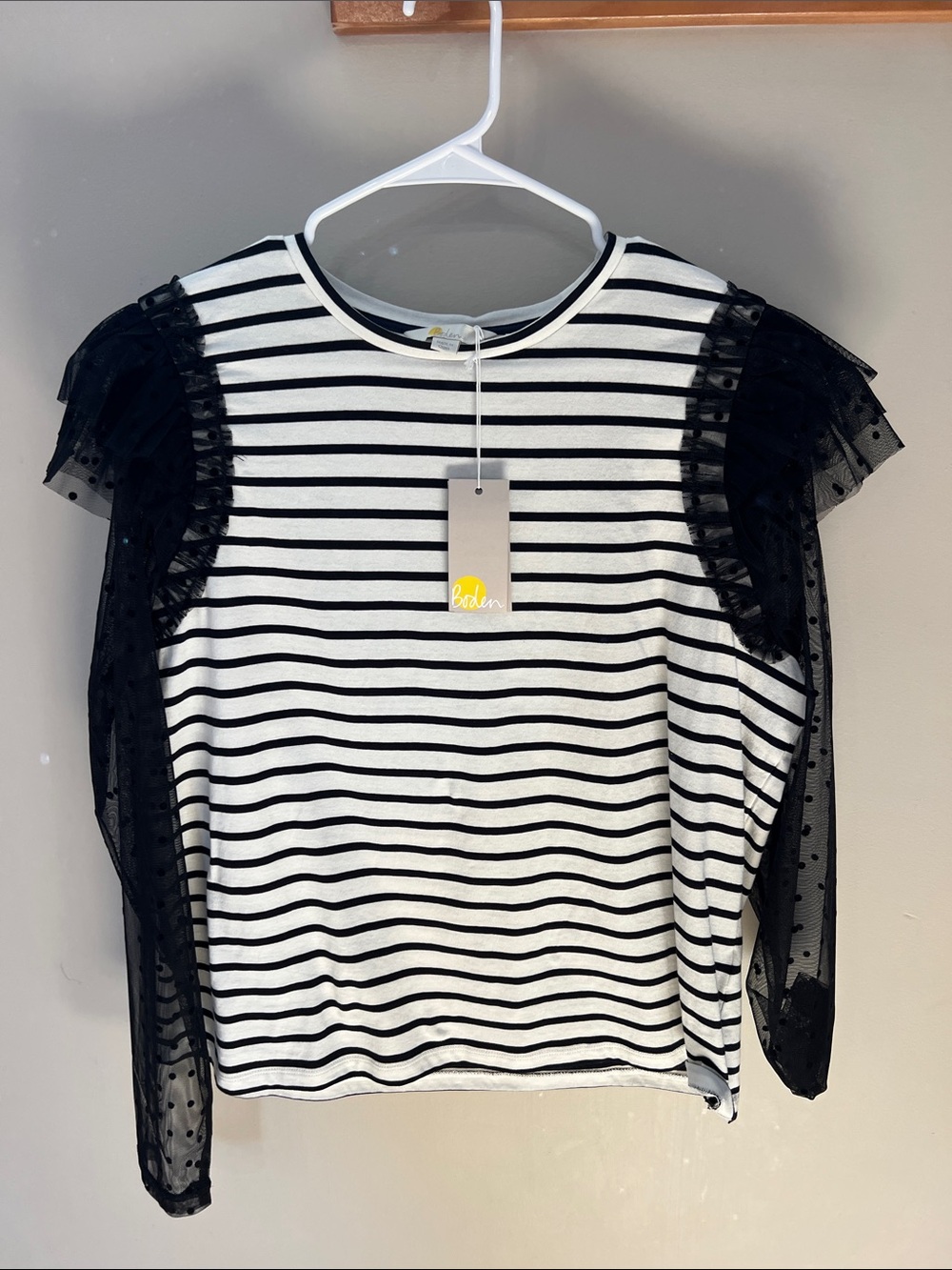 Boden Black & White Striped Long Sleeve Tee with Sheer Polka Dot Sleeves